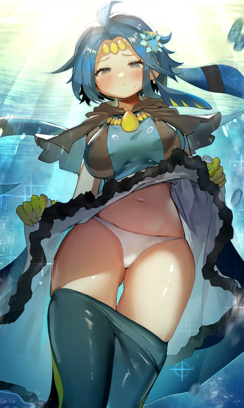 Image big_breasts,blush,breasts,female,looking_at_viewer,solo,blue_eyes,blue_hair,panties,humanoid,solo_female,pants_down,duel_monster,yu-gi-oh!,blushing_at_viewer,flashing,flashing_panties,ro_g_(oowack),marincess_blue_tang