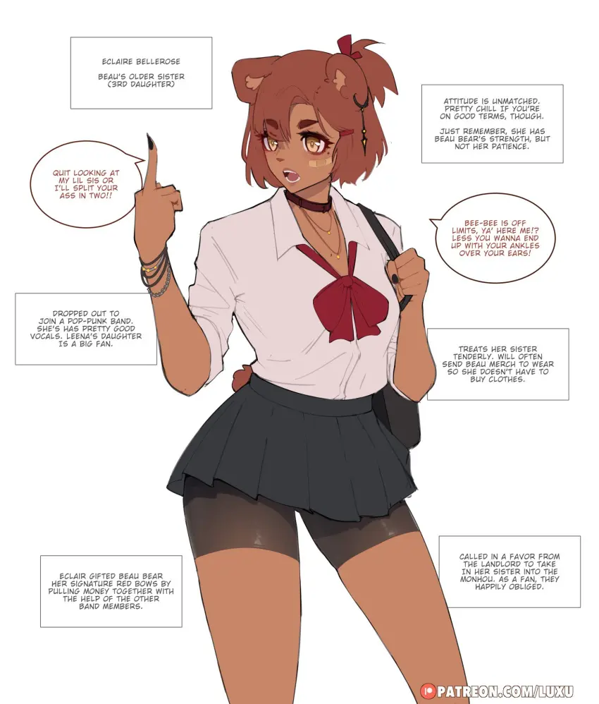 Image 1girls,breasts,female,female_only,hi_res,shirt,solo,white_background,choker,small_breasts,schoolgirl,original,school_uniform,brown_hair,skirt,dialogue,ribbon,emotionless,shorts,english_text,text_box,bear_ears,bear_girl,speech_bubble,microskirt,tomboy,middle_finger,brown_body,wholesome,thought_bubble,bike_shorts,short_skirt,emotionless_female,indifferent,amber_eyes,luxurias,shorts_under_skirt,concerned,character_profile,character_introduction,eclaire_bellerose
