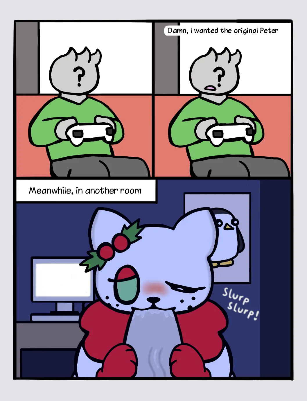Image blush,clothing,female,hi_res,human,shirt,male,oral,penis,faceless_male,sex,fellatio,freckles,male/female,green_eyes,one_eye_closed,gaming,looking_at_partner,saliva,comic,bodily_fluids,fur,genitals,grey_body,holding_object,mammal,dialogue,looking_at_another,interspecies,feline,white_body,computer,avian,bird,penile,electronics,tuft,topwear,white_fur,feral,felid,domestic_cat,felis,human_on_feral,zoophilia,green_clothing,brother_(lore),sibling_(lore),empty_eyes,penguin,grey_skin,chest_tuft,faceless_character,saliva_on_penis,controller,anon,game_controller,holding_controller,border,green_topwear,brothers_(lore),holding_game_controller,green_shirt,blue_border,playing_video_game,junipurr,minigoat