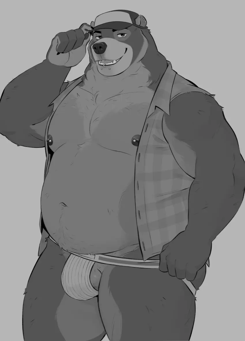 Image clothing,hi_res,looking_at_viewer,nipples,solo,standing,male,underwear,hat,headwear,muscular,muscular_male,male_only,yaoi,headgear,balls,anthro,piercing,bara,monochrome,genitals,mammal,muscular_anthro,ear_piercing,male_focus,nipple_piercing,bear,4_fingers,fingers,big_muscles,overweight,muscles,barely_visible_balls,barely_visible_genitalia,overweight_male,ear_ring,ring_piercing,overweight_anthro,jockstrap,9klipse,furgonomic_hat