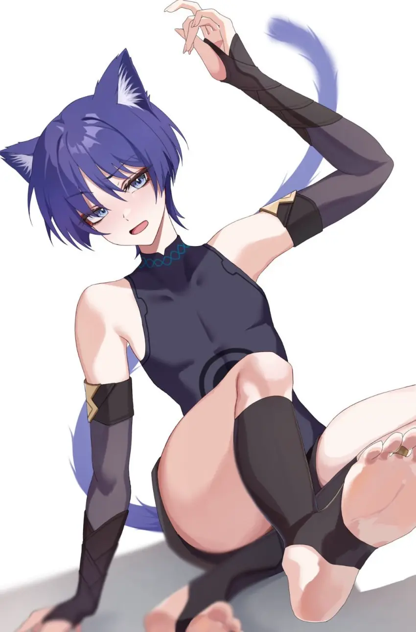 Image blush,1boy,male,cat_ears,feet,femboy,male_only,tagme,foot_fetish,purple_eyes,cat_tail,genshin_impact,purple_hair,girly,male_focus,catboy,scaramouche_(genshin_impact),stirrups