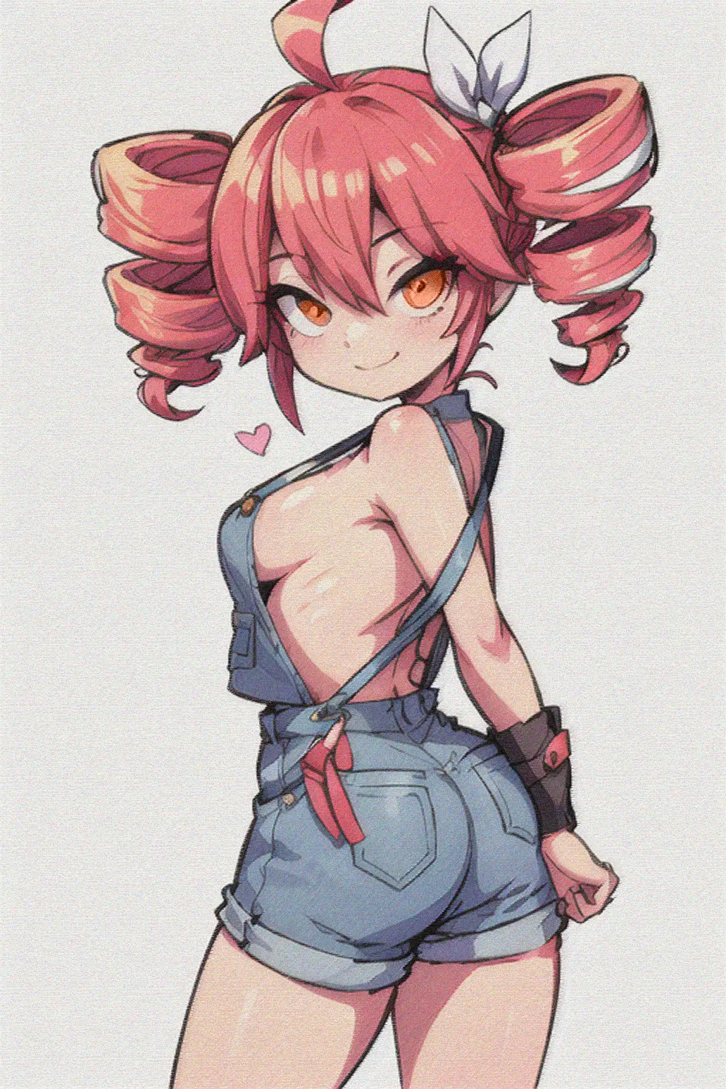 Image big_breasts,breasts,exposed_breasts,female,looking_at_viewer,red_eyes,simple_background,solo,standing,red_hair,ass,big_ass,big_butt,small_breasts,orange_eyes,ai_generated,overalls,sideboob,hair,pink_hair,medium_breasts,ahoge,shorts,antenna_hair,small_ass,drill_hair,ribs,big_head,no_bra_under_clothes,neoteny,pastel,kasane_teto,utau,overall_shorts,crayon_(artwork)