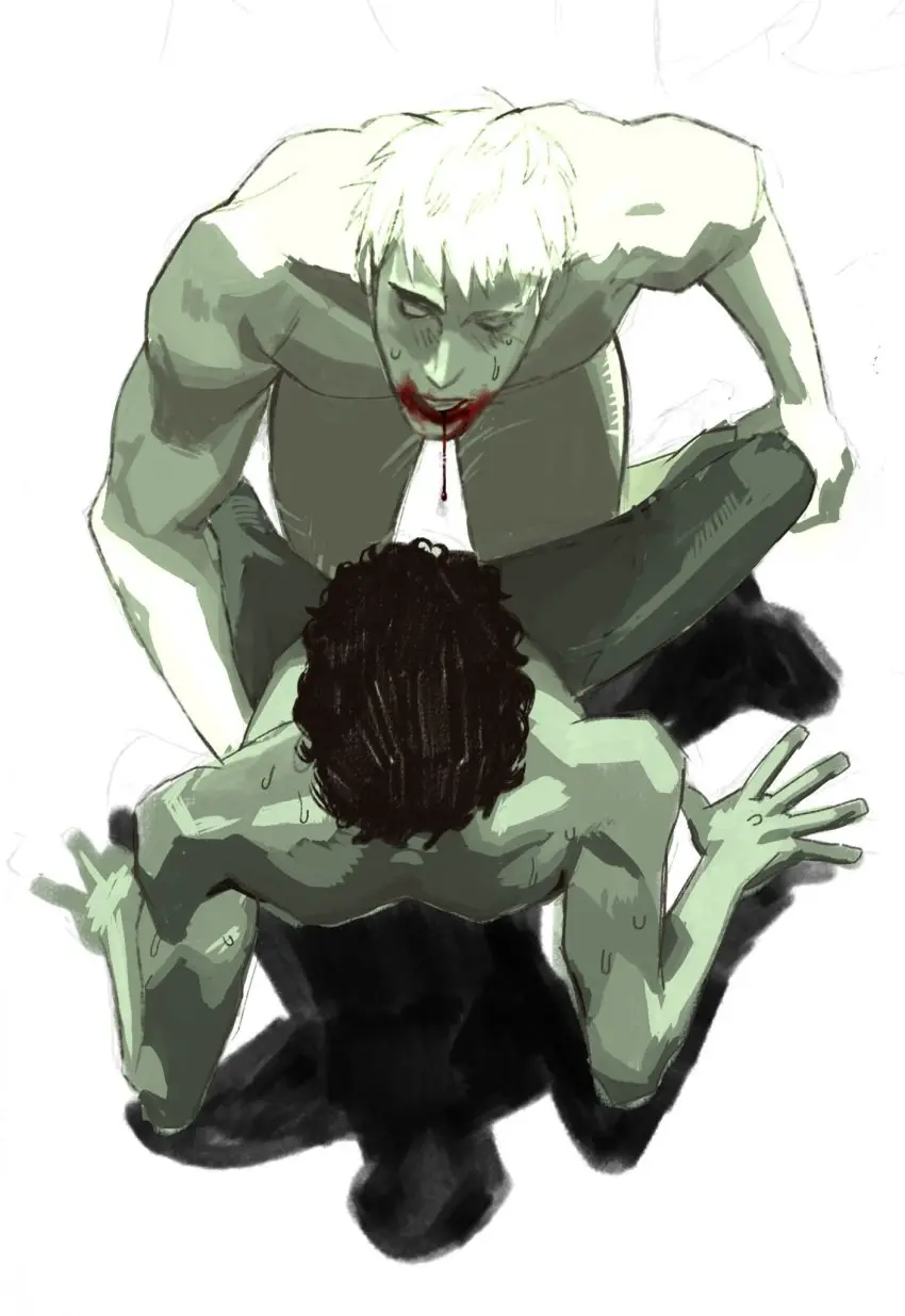 Image highres,simple_background,white_background,black_hair,male,nude,short_hair,dark-skinned_male,dark_skin,2boys,yaoi,shadow,completely_nude,closed_eyes,leg_grab,blood,blood_on_face,full_body,pinned,dungeon_meshi,laios_touden,kabru,blood_from_mouth,blood_drip,facing_another,mamacroonie
