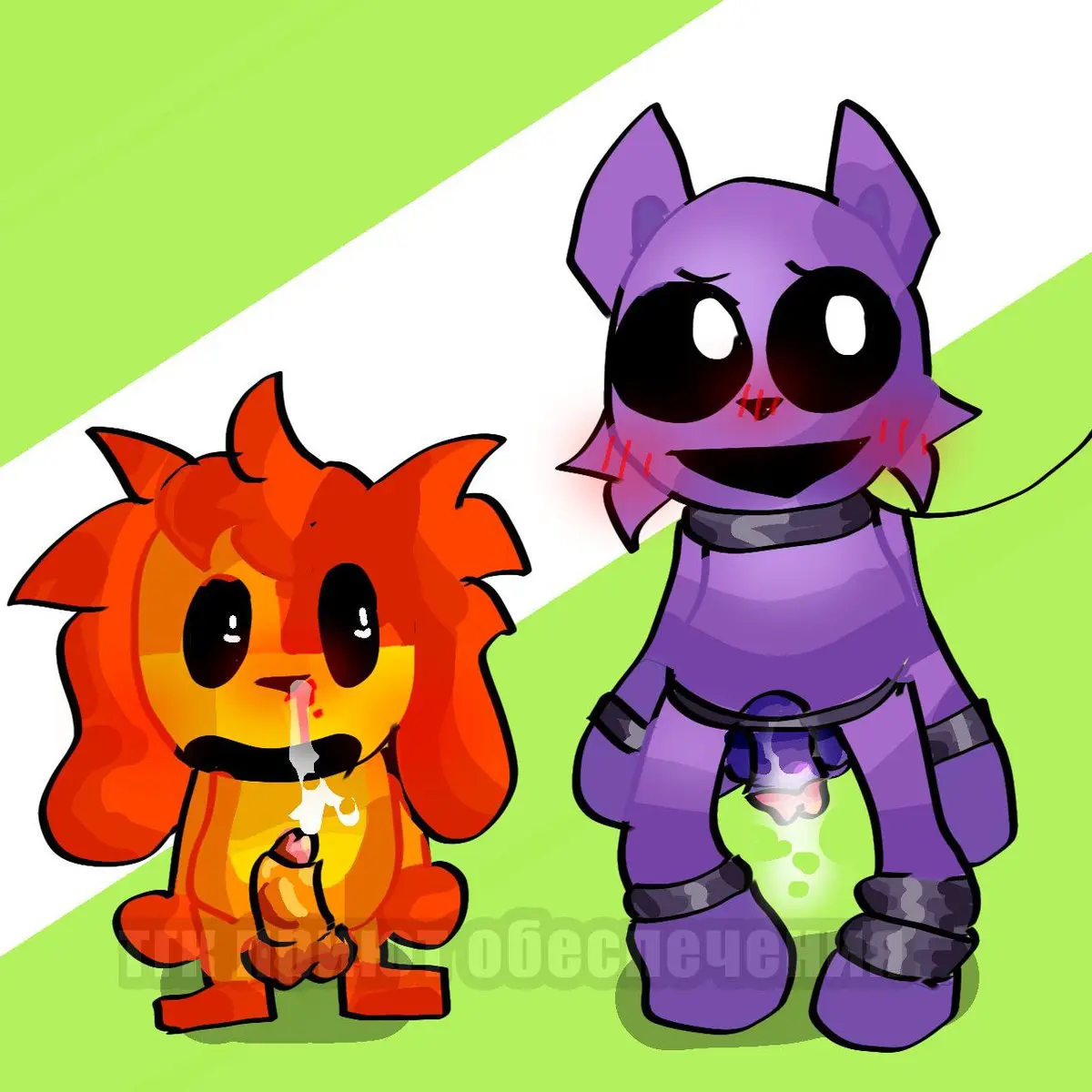 Image blush,simple_background,cum,male,male_only,purple_fur,purple_skin,gay,orange_body,purple_body,furry_only,no_humans,orange_skin,blush_lines,meme,orange_fur,simple_shading,critters_(poppy_playtime),poppy_playtime,poppy_playtime_(chapter_3),smiling_critters,catnap_(poppy_playtime),dogday_(poppy_playtime),palatis,blood_nose