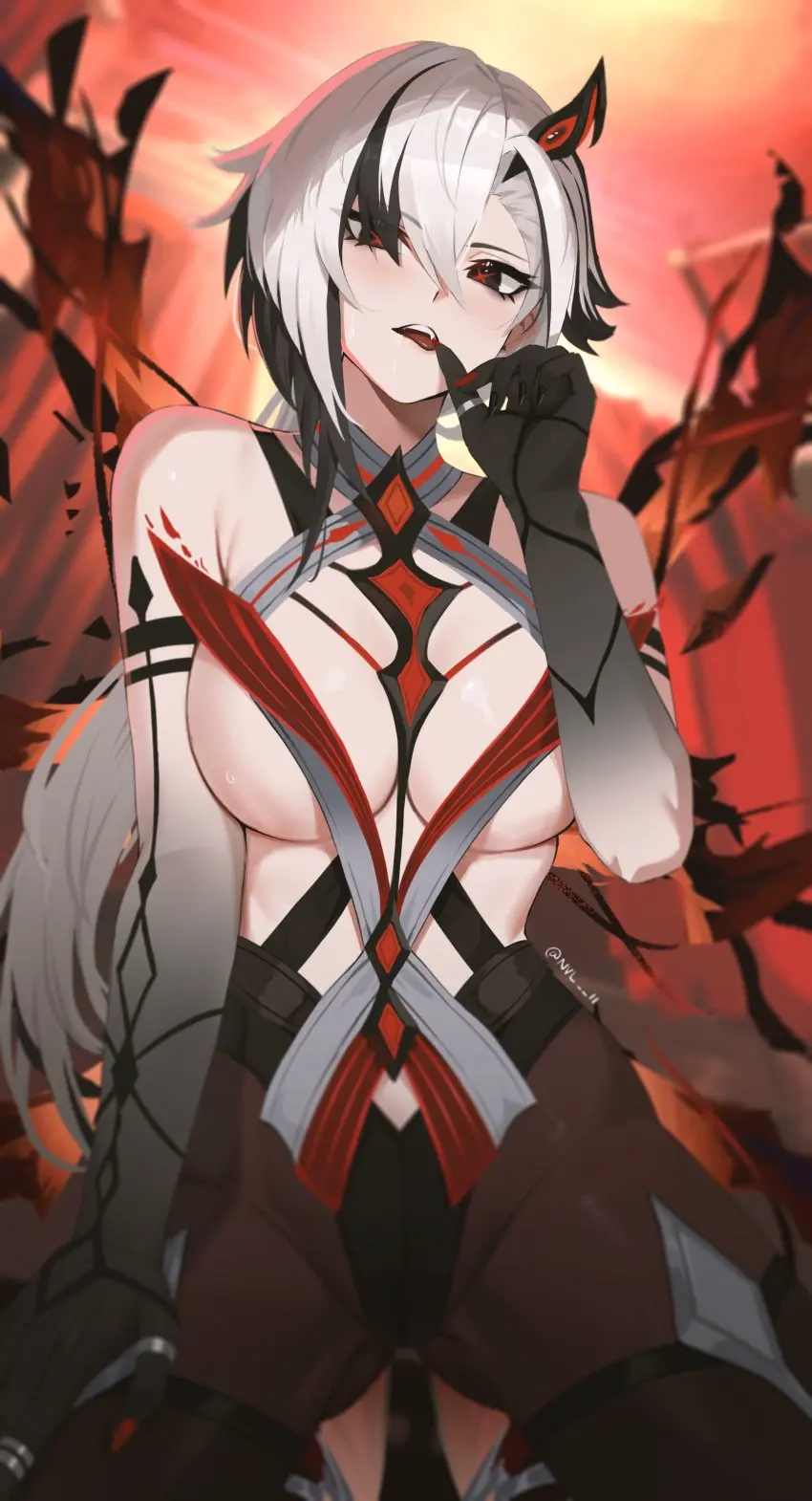 Image 1girls,breasts,female,female_only,large_breasts,light-skinned_female,light_skin,long_hair,looking_at_viewer,female_focus,thick_thighs,multicolored_hair,tagme,spread_legs,spreading,genshin_impact,female_on_top,black_eyes,arlecchino_(genshin_impact),tights,unusual_pupils,cross-shaped_pupils,nvl,gradient_hand