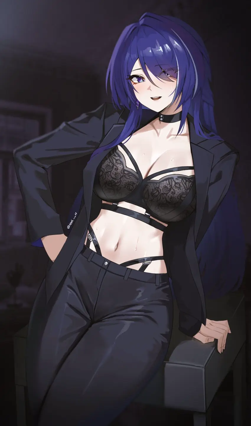 Image 1girls,breasts,female,female_only,large_breasts,light-skinned_female,light_skin,long_hair,looking_at_viewer,pants,smile,choker,underwear,female_focus,smiling,smiling_at_viewer,lingerie,tagme,purple_hair,jacket,open_jacket,honkai:_star_rail,honkai_(series),acheron_(honkai:_star_rail),nvl