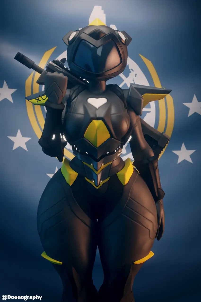 Image 1girls,female,female_only,thick_thighs,watermark,fortnite,text,curvy_female,3d,blender,fortnite:_battle_royale,front_view,thunder_thighs,helldivers,helldivers_2,salute,massive_thighs,doonography,mecha_cuddle_master,gun_in_back