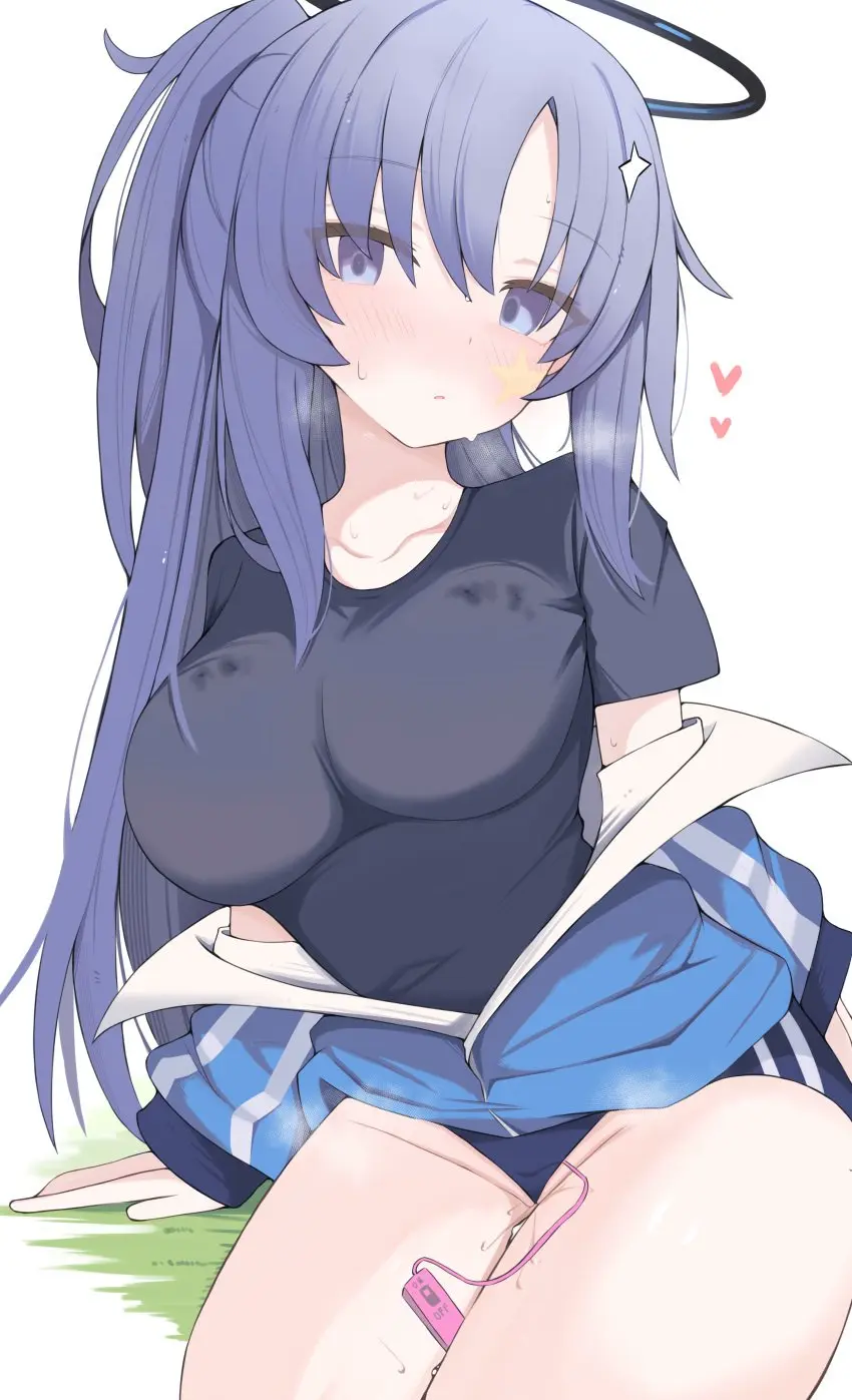 Image blush,breasts,female,highres,long_hair,looking_at_viewer,shirt,simple_background,solo,white_background,absurdres,blue_eyes,blue_hair,pussy,sweat,blue_archive,thighs,ponytail,medium_breasts,sitting,halo,pussy_juice,sex_toy,closed_mouth,short_sleeves,commentary_request,jacket,official_alternate_costume,star_sticker,sticker_on_face,heart,vibrator,black_shirt,yuuka_(blue_archive),track_jacket,blue_jacket,black_halo,buruma,gym_shirt,blue_buruma,yuuka_(track)_(blue_archive),nui_(nuinui0300)