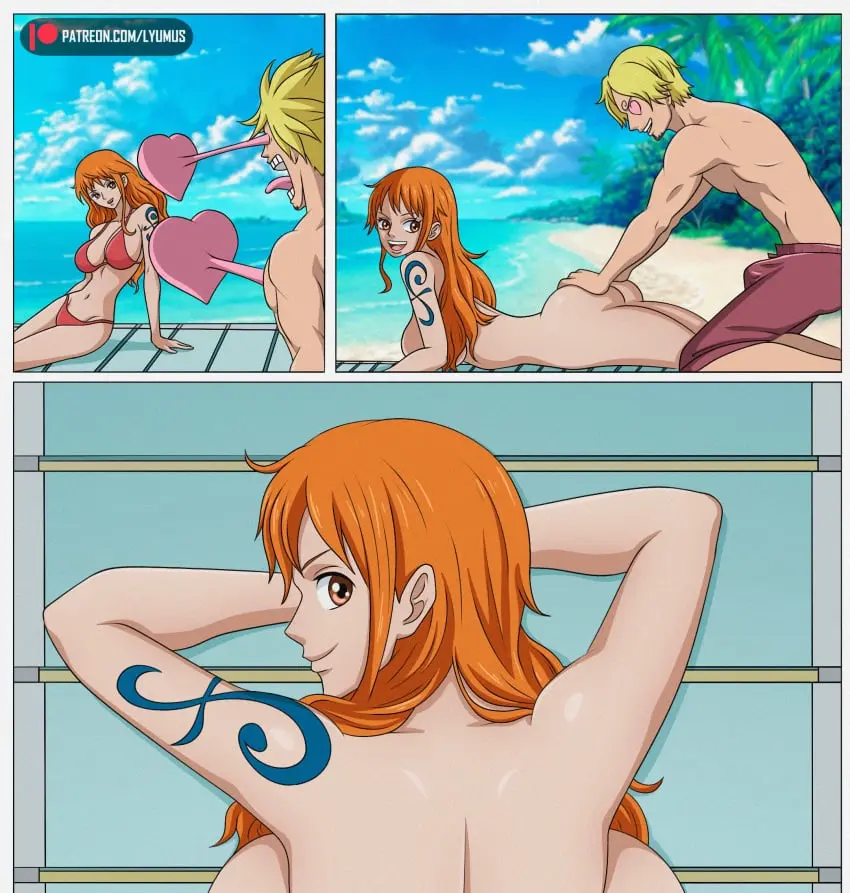 Image big_breasts,breasts,female,male,big_ass,erection,one_piece,beach,blue_tattoo,nami_(one_piece),orange_hair,post-timeskip,tattoo,tattoo_on_arm,tattooed_arm,blonde_hair,arm_tattoo,boner,blonde_hair_male,vinsmoke_sanji,orange_hair_female,squeezing_butt,applying_sunscreen,lyumus