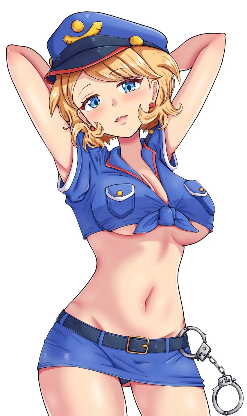 Image 1girls,big_breasts,blush,breasts,cowboy_shot,female,female_only,hi_res,looking_at_viewer,no_bra,simple_background,solo,standing,blue_eyes,navel,pokemon,short_hair,panties,earrings,hat,armpits,hands_behind_head,arms_behind_head,arms_up,belly_button,cleavage,midriff,underboob,thigh_gap,blonde_hair,parted_lips,absurd_res,pose,black_panties,miniskirt,skirt,revealing_clothes,heart,belt,skimpy_clothes,microskirt,fully_clothed,uniform,police,crop_top,groin,request,handcuffs,gluteal_fold,police_uniform,policewoman,serena_(pokemon),front-tie_top,panty_peek,police_hat,maho_(corotonton5150)