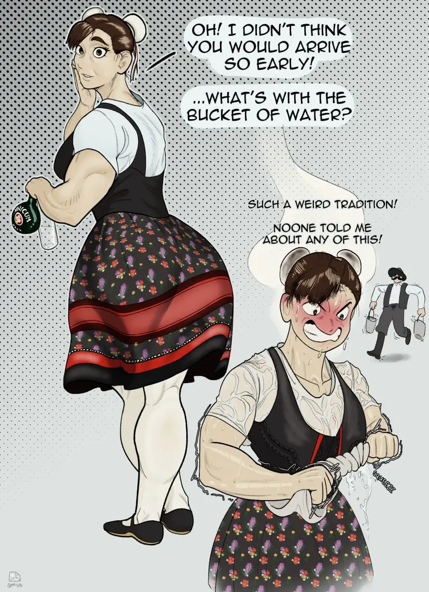 Image 1girls,female,human,looking_at_viewer,1boy,male,big_butt,female_focus,thick_thighs,athletic,muscular,wide_hips,wet_skin,solo_focus,text,wet,mature_female,skirt,english_text,angry,angry_face,wet_body,athletic_female,muscular_female,wet_clothes,toned,toned_female,older_female,capcom,chun-li,street_fighter,traditional_clothes,newgrounds,alcohol,easter,alcoholic_drink,thick_calves,hungarian,bushmannerino,newgrounds_username,holiday_clothing,hungary