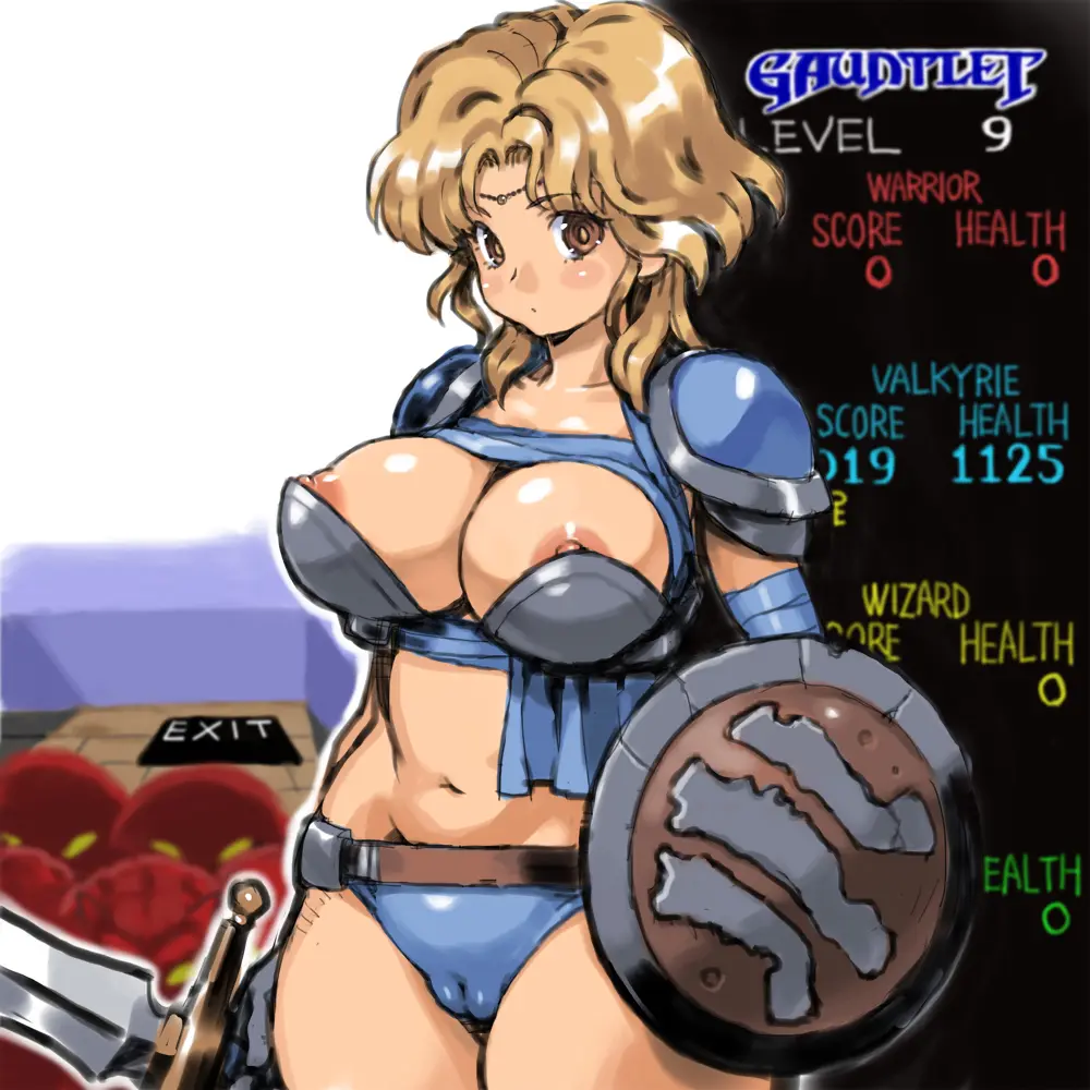 Image 1girls,breasts,brown_eyes,female,female_only,highres,large_breasts,looking_at_viewer,nipples,solo,standing,navel,short_hair,panties,underwear,thick_thighs,thighs,areolae,cleavage,jewelry,midriff,text,blonde_hair,2019,cameltoe,tight_clothing,english_text,holding_weapon,weapon,1:1,nipple_slip,areola_slip,armor,gameplay_mechanics,sword,blue_panties,holding_sword,shield,bikini_armor,unconvincing_armor,shoulder_pads,hud,valkyrie,holding_shield,petitdry,head_chain,gauntlet_(game),valkyrie_(gauntlet)