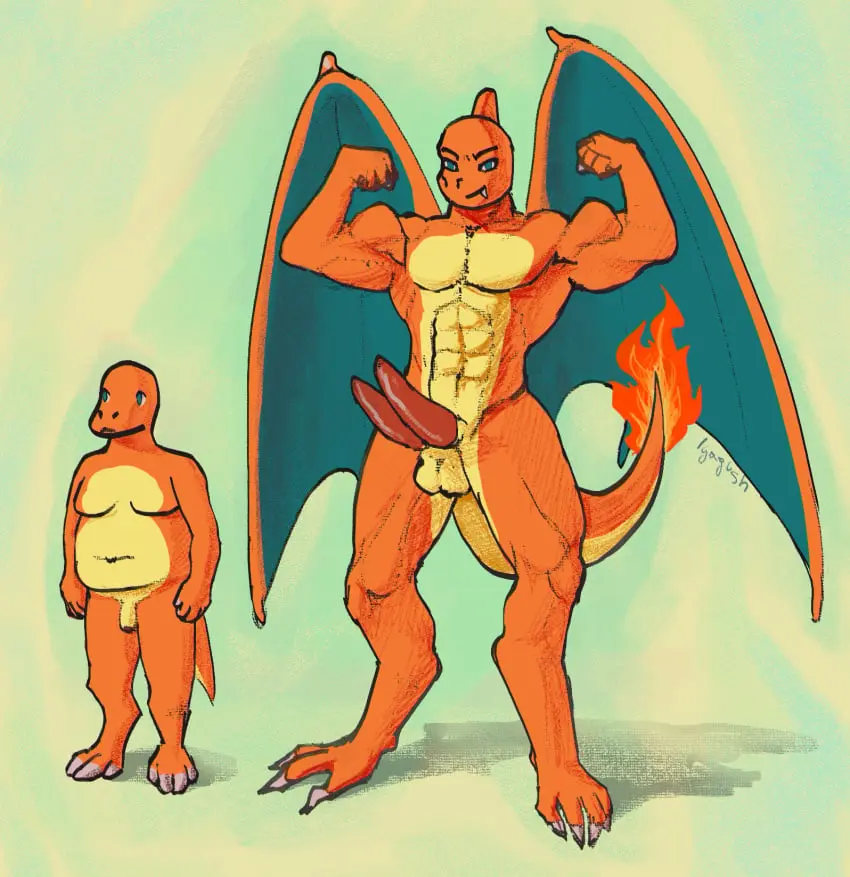 Image male,penis,pokemon,pokemon_(species),muscular,male_only,yaoi,huge_cock,size_difference,wings,gay,dick,bara,paws,chubby,transformation,fire,charmander,charizard,pokemon_evolution