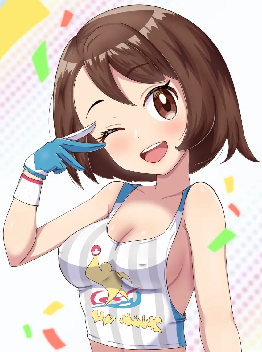 Image 1girls,blush,breasts,brown_eyes,female,hi_res,looking_at_viewer,open_mouth,smile,solo,gloves,pokemon,short_hair,sportswear,cleavage,covered_nipples,medium_breasts,one_eye_closed,wink,absurd_res,brown_hair,nintendo,:d,matching_hair/eyes,erect_nipples,tank_top,paid_reward_available,crop_top,commentary,game_freak,pokemon_(game),creatures_(company),gloria_(pokemon),pokemon_ss,adapted_costume,confetti,maho_(corotonton5150)