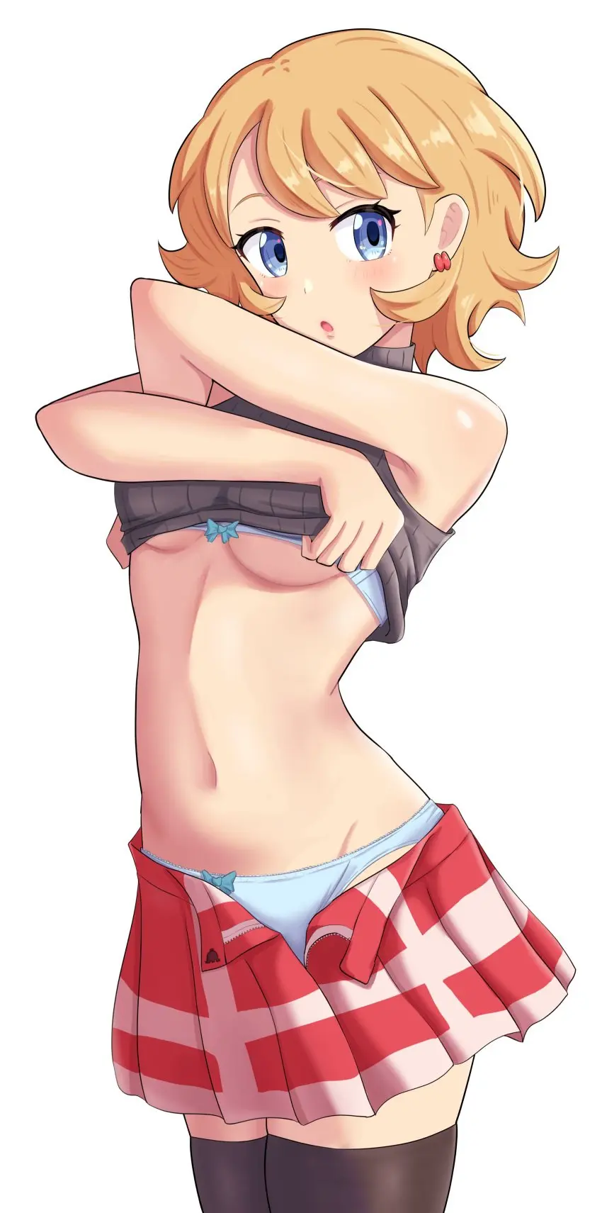 Image 1girls,blush,bow,breasts,clothing,cowboy_shot,female,hi_res,human,open_mouth,shirt,simple_background,solo,standing,white_background,black_legwear,blue_eyes,navel,pokemon,short_hair,thighhighs,bra,panties,underwear,earrings,wide_hips,underboob,blonde_hair,medium_breasts,absurd_res,nintendo,bow_panties,miniskirt,skirt,shirt_lift,jpeg,legs_together,sweater,undressing,black_thighhighs,black_shirt,game_freak,unzipped,creatures_(company),looking_to_the_side,blue_panties,pokemon_(anime),red_skirt,dirty_blonde_hair,serena_(pokemon),sweater_lift,cropped_sweater,sleeveless_sweater,matching_underwear,blue_bra,maho_(corotonton5150)
