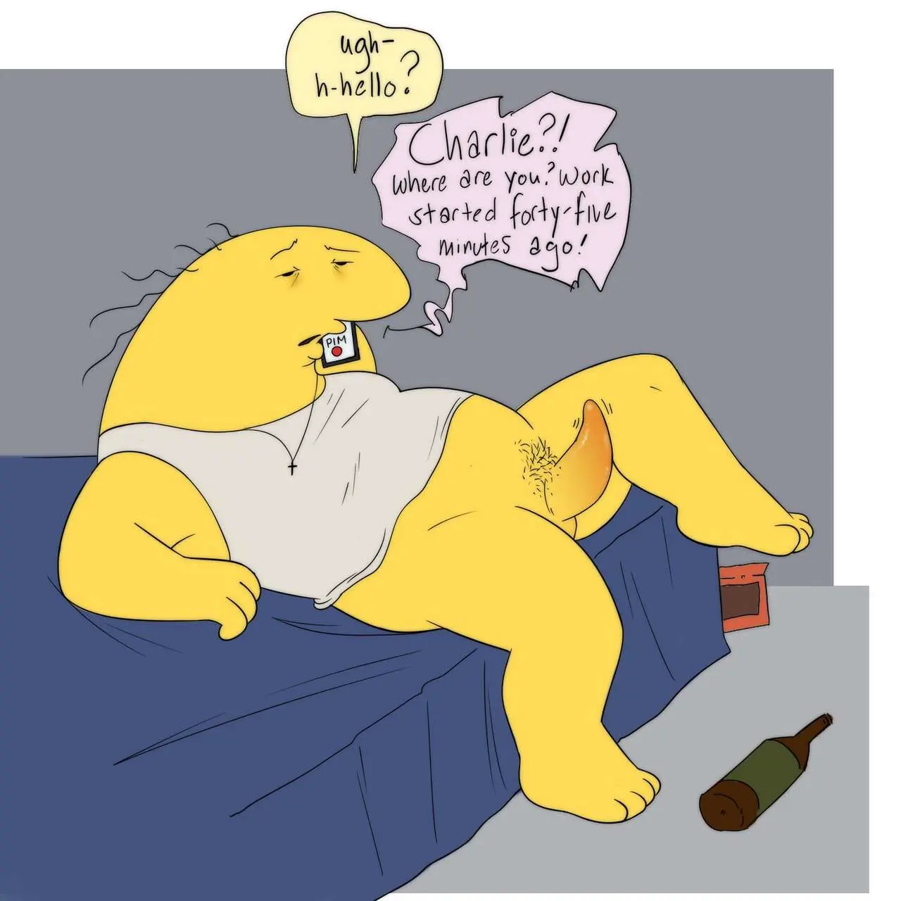 Image solo,male,penis,thighs,male_only,solo_focus,bed,white_shirt,big_thighs,solo_male,pubes,overweight,cellphone,cross_necklace,overweight_male,tired,offscreen_character,beer_bottle,tentacle_penis,shirt_only,tired_eyes,morning_wood,sleepy,pim_(smiling_friends),smiling_friends,charlie_(smiling_friends),opedealer,hangover,blue_dog,hung_over,hungover