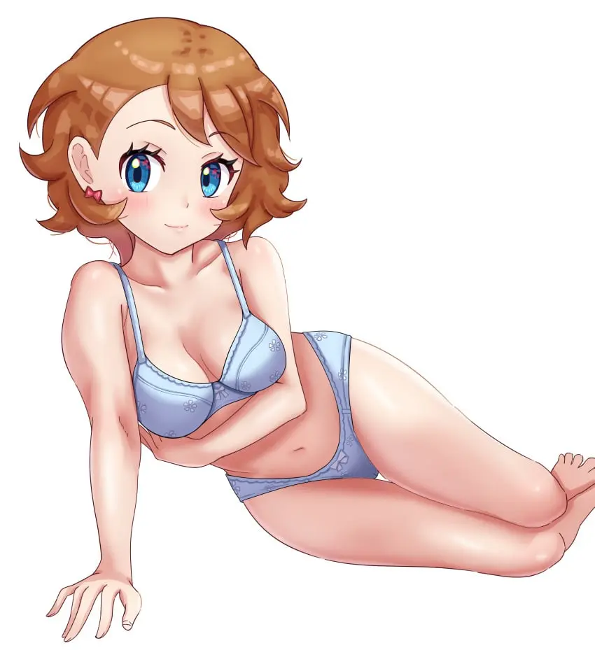 Image 1girls,blush,bow,breasts,clothing,female,hi_res,human,looking_at_viewer,simple_background,smile,solo,blue_eyes,navel,pokemon,short_hair,bra,panties,underwear,earrings,barefoot,wide_hips,cleavage,collarbone,lingerie,medium_breasts,absurd_res,pose,brown_hair,nintendo,bow_panties,jpeg,arm_support,legs_together,star,full_body,paid_reward_available,commentary,game_freak,relaxing,alternate_hair_color,creatures_(company),blue_panties,pokemon_(anime),serena_(pokemon),matching_underwear,blue_bra,maho_(corotonton5150)
