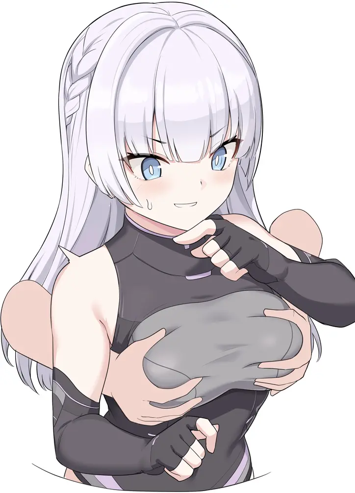 Image 1girls,blush,breasts,female,long_hair,smile,white_background,white_hair,blue_eyes,elbow_gloves,female_focus,small_breasts,bare_shoulders,from_behind,sweatdrop,breast_grab,groping,disembodied_hands,fingerless_gloves,leotard,nervous_smile,grabbing_breasts,shiseki_hirame,dolphin_wave,schnee_weissberg