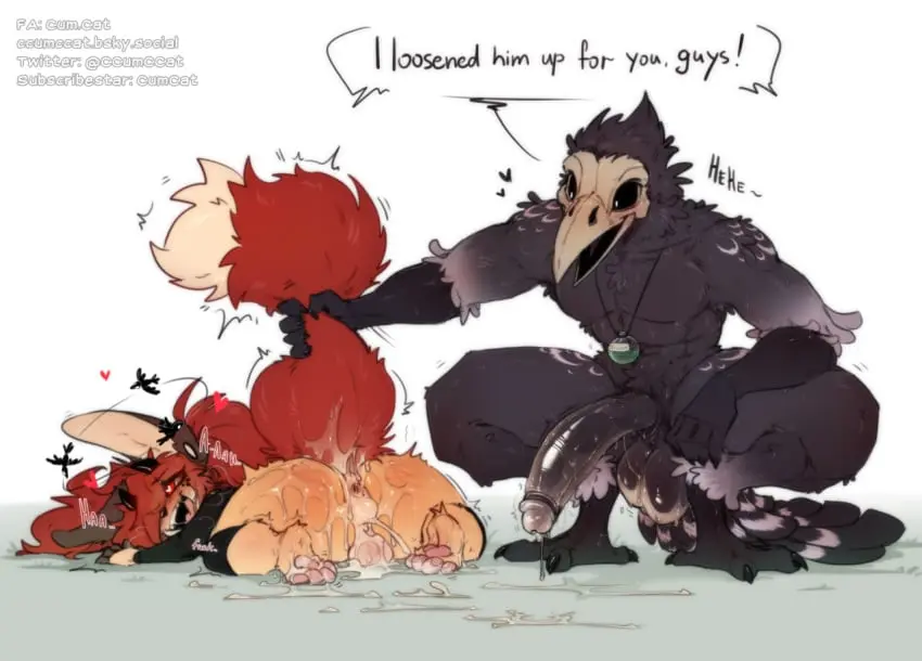 Image blush,clothing,open_mouth,simple_background,smile,cum,male,nude,penis,tail,ass,big_penis,sex,duo,erection,anal,femboy,male/male,digital_media_(artwork),balls,hair,huge_cock,feathers,anthro,cum_inside,text,penetration,genital_fluids,orgasm,public,bodily_fluids,canid,canine,fur,genitals,mammal,english_text,gaping,excessive_cum,excessive_genital_fluids,avian,beak,bird,fox,corvid,corvus_(genus),crow,oscine,passerine,male_penetrated,fennec_fox,true_fox,cum.cat,penta_(cum.cat)
