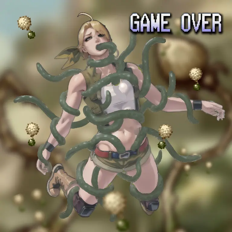 Image open_mouth,oral,ai_generated,text,blonde_hair,monster,one_eye_closed,tentacle,english_text,tentacle_rape,bad_end,rape,boots,plant,crop_top,gameplay_mechanics,tentacle_in_mouth,military,vest,short_shorts,game_over,open_vest,metal_slug,plants,bandana,eri_kasamoto,seed,tentacle_under_clothes