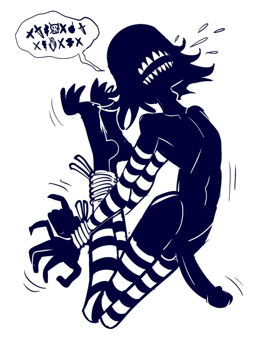Image 1boy,black_hair,male,penis,femboy,male_only,teeth,teeth_showing,teeth_visible,monster,black_skin,black_body,angry,tied,tied_hands,tied_up,male_focus,stripes,struggling,tied_legs,monster_boy,penis_out,striped_stockings,stuck,black_and_white_stockings,censor_(danoosecallin),danoosecallin,slimepith,lipless