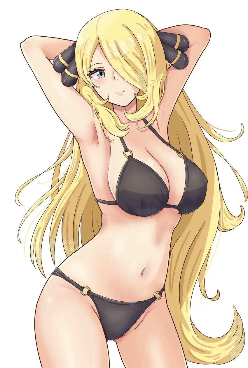 Image 1girls,big_breasts,blush,breasts,clothing,cowboy_shot,female,hair_ornament,hi_res,long_hair,looking_at_viewer,simple_background,smile,solo,standing,very_long_hair,pokemon,bikini,hair_over_one_eye,armpits,hands_behind_head,arms_behind_head,cleavage,covered_nipples,blonde_hair,spread_legs,swimsuit,absurd_res,pose,nintendo,grey_eyes,black_bikini,erect_nipples,cynthia_(pokemon),pokemon_champion,paid_reward_available,commentary,game_freak,pokemon_(game),creatures_(company),more_at_source,pokemon_dppt,gluteal_fold,maho_(corotonton5150)