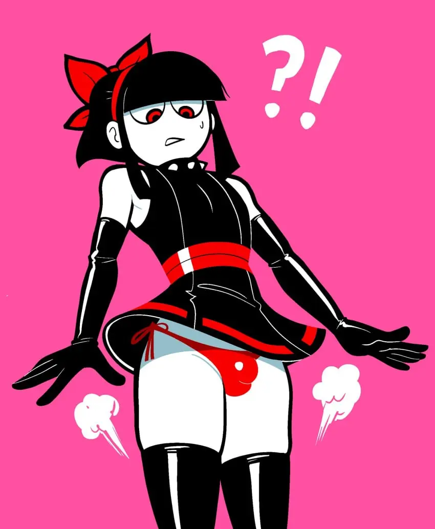 Image red_eyes,1boy,black_hair,elbow_gloves,gloves,male,femboy,male_only,bulge,latex,latex_clothing,male_focus,femboy_focus,latex_gloves,latex_thighhighs,red_underwear,black_armwear,scythe_(dizzyspells),slimepith,shiny_armwear