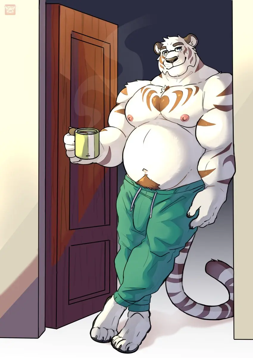 Image clothed,clothing,female,hi_res,looking_at_viewer,nipples,pants,smile,solo,male,navel,penis,muscular,smiling_at_viewer,male_only,belly,eyewear,glasses,anthro,absurd_res,bulge,penis_outline,topless,slightly_chubby,inside,mammal,biceps,pecs,steam,2024,biped,genital_outline,heart_symbol,felid,pubes,detailed_bulge,pantherine,tiger,green_clothing,bottomwear,masculine_male,crossed_legs,green_bottomwear,green_pants,male_anthro,musclegut,doorway,deltoids,leaning,door,triceps,coffee_mug,sweatpants,pants_only,in_doorway,drawstring,lomlynx