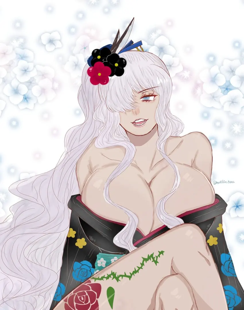 Image big_breasts,breasts,exposed_breasts,female,female_only,one_piece,solo_focus,artist_request,kimono,fusion,exposed_shoulders,black_maria,charlotte_smoothie,courtesan