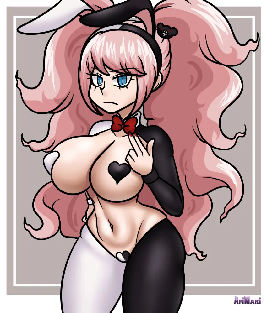 Image breasts,female,female_only,large_breasts,thick_thighs,thighs,huge_breasts,revealing_clothes,pasties,skimpy_clothes,danganronpa,maebari,nipple_pasties,reverse_bunnysuit,barely_clothed,heart_pasties,junko_enoshima,afimaki
