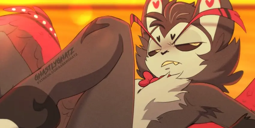 Image hi_res,solo,male,lying,on_back,male_only,anthro,absurd_res,domestic_dog,mammal,feline,avian,bird,owl,annoyed,hazbin_hotel,felid,felis,husk_(hazbin_hotel),bow_tie,bartender,saberghatz,sabertooth-raccoon