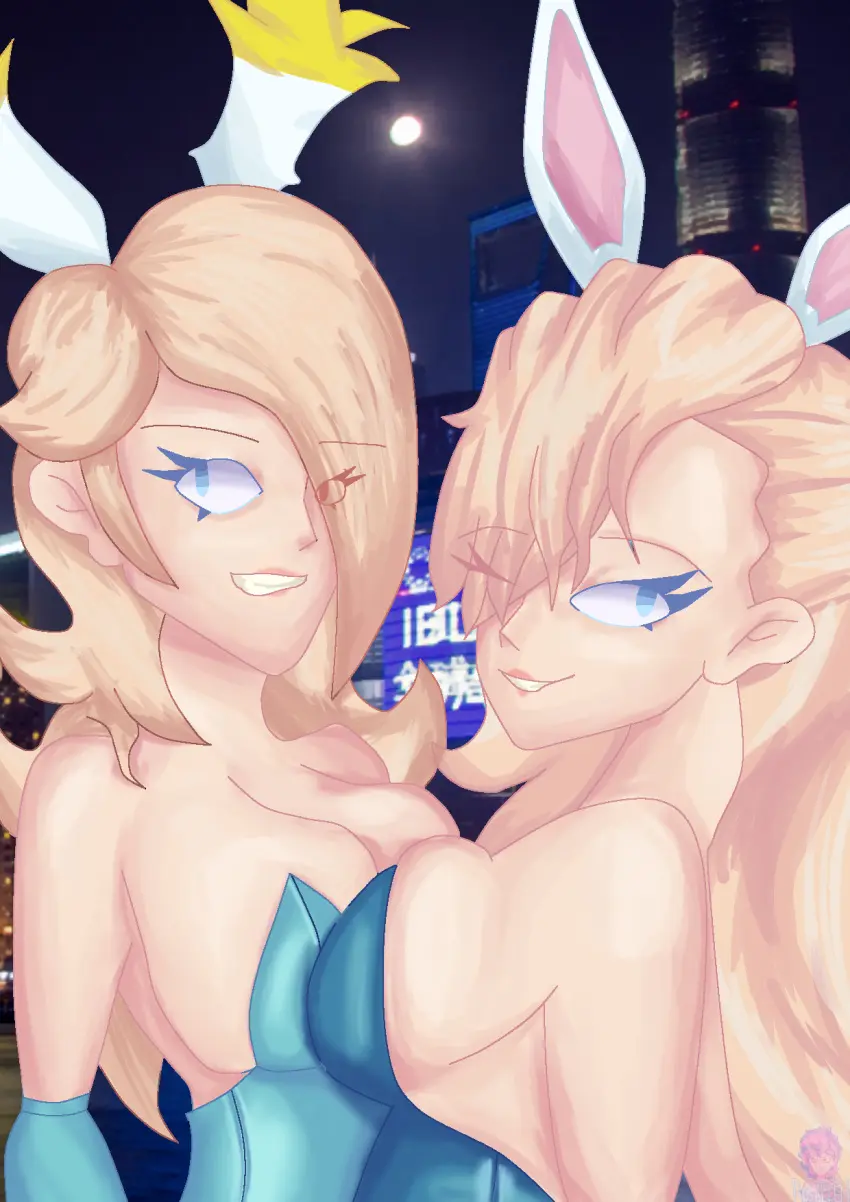 Image female,female_only,blue_eyes,blue_archive,female_focus,duo,hair_over_one_eye,blonde_hair,asuna_(blue_archive),bunny_ears,mario_(series),nintendo,bunnysuit,blonde_female,super_mario_galaxy,princess_rosalina,asuna_(bunny)_(blue_archive),asuna_(blue_archive)_(cosplay),star_bunny_(cosplay)