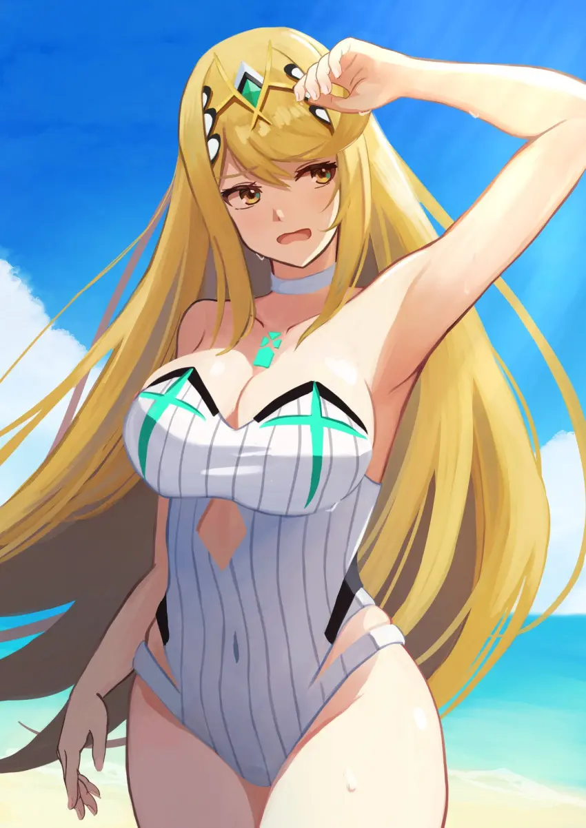 Image breasts,female,female_only,solo,swimsuit,nintendo,core_crystal,xenoblade_(series),xenoblade_chronicles_2,mythra,labebebe_lee