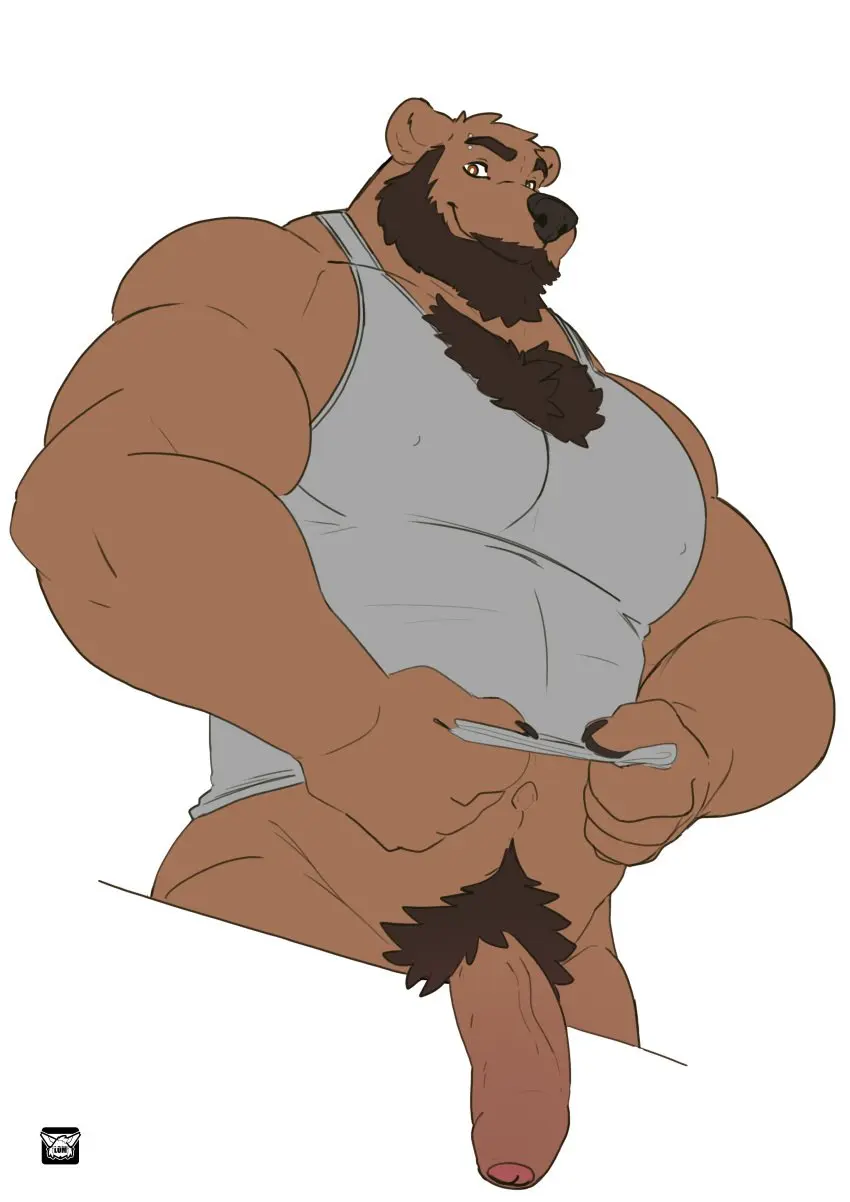 Image 2023,brown_eyes,clothed,clothing,hi_res,looking_at_viewer,shirt,simple_background,smile,solo,white_background,male,navel,penis,big_penis,muscular,smiling_at_viewer,male_only,anthro,veiny_penis,piercing,absurd_res,flaccid,genitals,low-angle_view,mammal,biceps,pecs,bottomless,foreskin,uncircumcised,nipple_outline,abs,bear,vein,tank_top,topwear,pubes,beard,facial_hair,body_hair,masculine_male,eyebrow_piercing,chest_hair,facial_piercing,deltoids,shirt_only,topwear_only,triceps,tank_top_only,lomlynx,waist_up