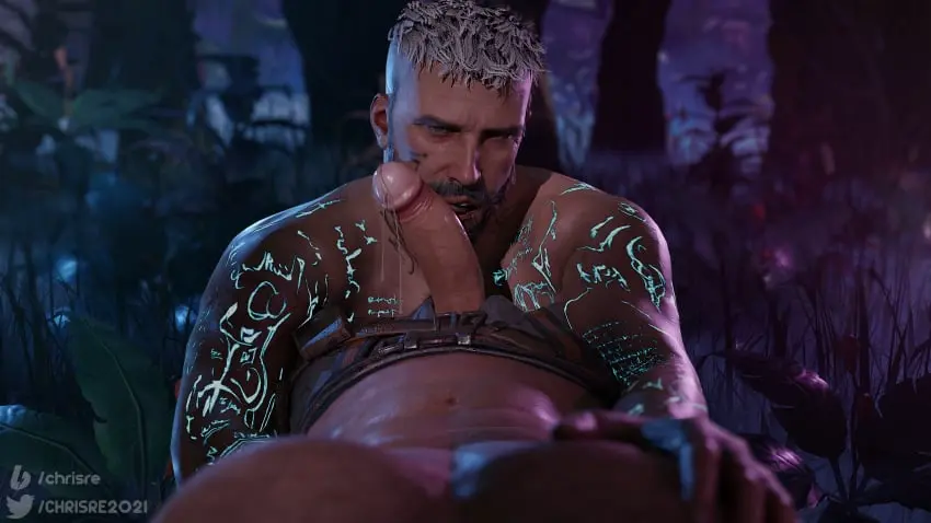 Image looking_at_viewer,licking_penis,male,oral,penis,2boys,male_only,tattoo,gay,3d,pov,outdoors,precum,pecs,eye_contact,abs,dilf,shirtless,dead_by_daylight,vittorio_toscano,chrisre2021,david_king