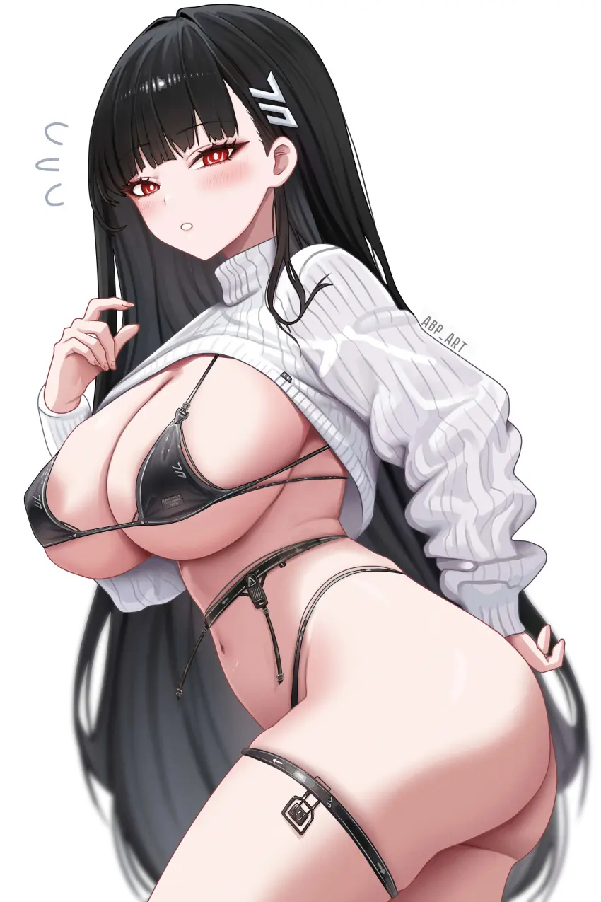 Image 1girls,breasts,female,hi_res,light-skinned_female,light_skin,long_hair,red_eyes,simple_background,black_hair,blue_archive,bra,panties,huge_breasts,rio_(blue_archive),abp_art