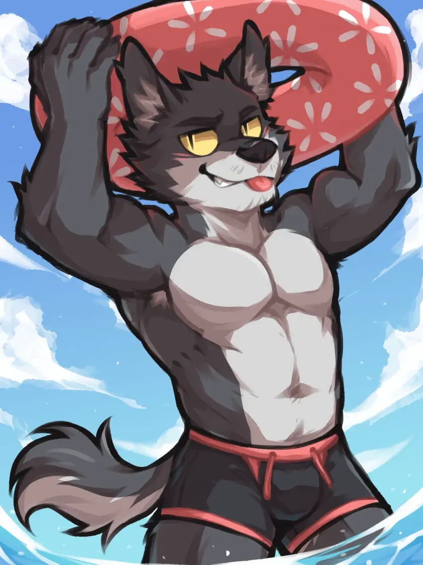 Image blush,clothed,clothing,hi_res,solo,standing,male,navel,tail,tongue_out,tongue,muscular,muscular_male,water,sky,standing_in_water,male_only,eyebrows,teeth,anthro,absurd_res,cloud,bulge,canid,canine,canis,fur,grey_body,grey_fur,holding_object,mammal,multicolored_body,multicolored_fur,two_tone_body,two_tone_fur,wolf,biceps,claws,muscular_anthro,pecs,5_fingers,biped,white_body,outside,fingers,swimwear,tuft,white_fur,partially_submerged,day,white_tail,swimming_trunks,body_hair,armpit_hair,muscular_arms,inner_ear_fluff,blep,grey_tail,triceps,two_tone_tail,raised_arm,legs_in_water,hands_above_head,swim_ring,submerged_legs,flunky_(character),flunky