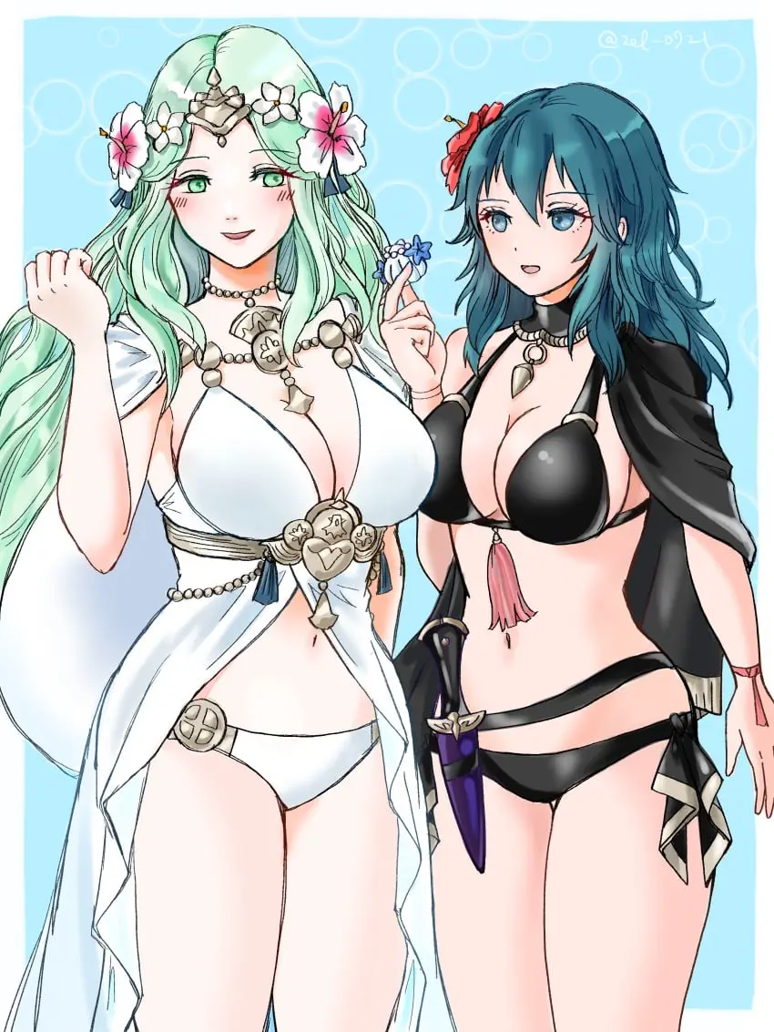 Image breasts,female,female_only,open_mouth,2girls,blue_eyes,bikini,swimsuit,nintendo,white_bikini,official_alternate_costume,alternate_costume,black_bikini,fire_emblem,fire_emblem:_three_houses,fire_emblem_heroes,byleth_(fire_emblem),black_swimsuit,byleth_(fire_emblem)_(female),white_swimsuit,rhea_(fire_emblem),zel_0921