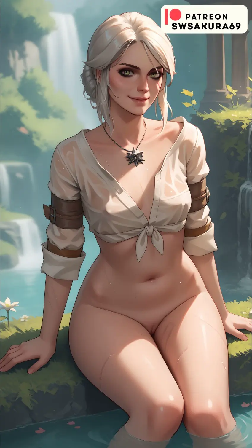 Image breasts,female,light-skinned_female,looking_at_viewer,smile,solo,white_hair,nude,pussy,ai_generated,green_eyes,nipples_visible_through_clothing,wet_body,scar,wet_clothes,half-dressed,bathing,ciri,the_witcher_(series),the_witcher_3:_wild_hunt,bath,half_naked,swsakura69