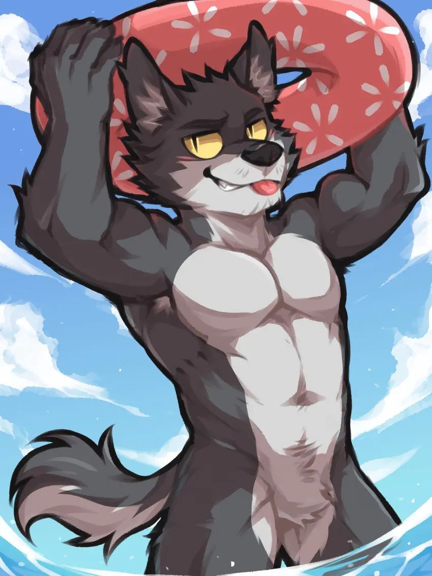 Image blush,hi_res,solo,standing,male,navel,tail,tongue_out,tongue,muscular,muscular_male,water,sky,standing_in_water,male_only,eyebrows,teeth,anthro,absurd_res,cloud,canid,canine,canis,fur,grey_body,grey_fur,holding_object,mammal,multicolored_body,multicolored_fur,two_tone_body,two_tone_fur,wolf,biceps,claws,muscular_anthro,pecs,5_fingers,biped,white_body,outside,fingers,tuft,white_fur,partially_submerged,day,white_tail,body_hair,armpit_hair,muscular_arms,inner_ear_fluff,blep,grey_tail,triceps,two_tone_tail,raised_arm,legs_in_water,hands_above_head,swim_ring,submerged_legs,flunky_(character),flunky