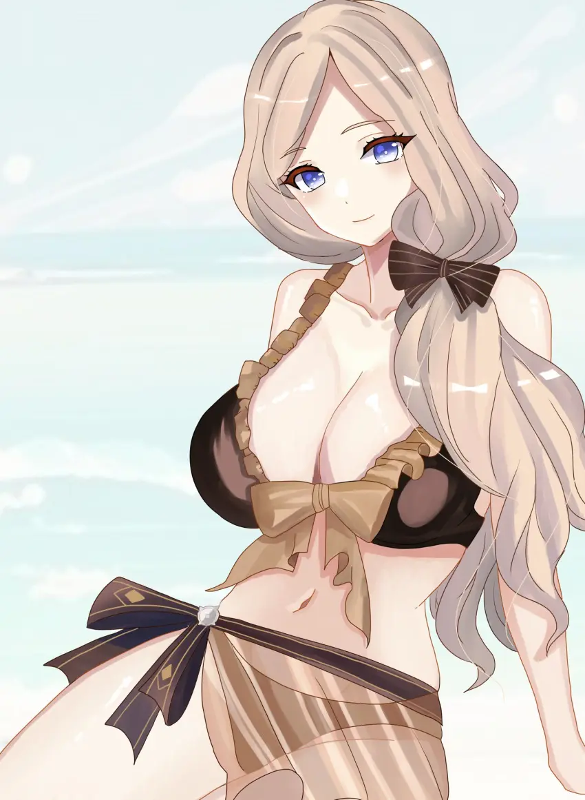 Image breasts,female,female_only,looking_at_viewer,solo,bikini,swimsuit,nintendo,black_bikini,fire_emblem,fire_emblem:_three_houses,fire_emblem_heroes,black_swimsuit,mercedes_von_martritz,mercedes_von_martritz_(summer),n_54