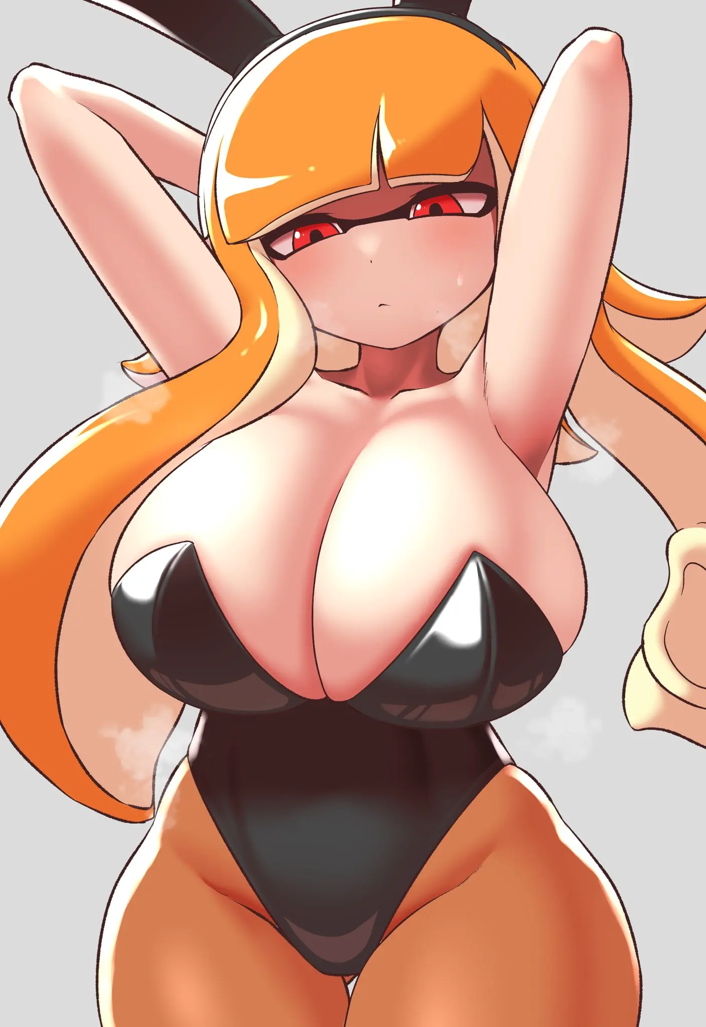 Image 1girls,breasts,female,light-skinned_female,light_skin,long_hair,red_eyes,simple_background,thick_thighs,thighs,wide_hips,hips,cleavage,orange_hair,huge_breasts,bunny_ears,bunny_girl,nintendo,bunnysuit,splatoon,splatoon_(series),tentacle_hair,inkling,inkling_girl,kaori_(splatoon),nobunagapero