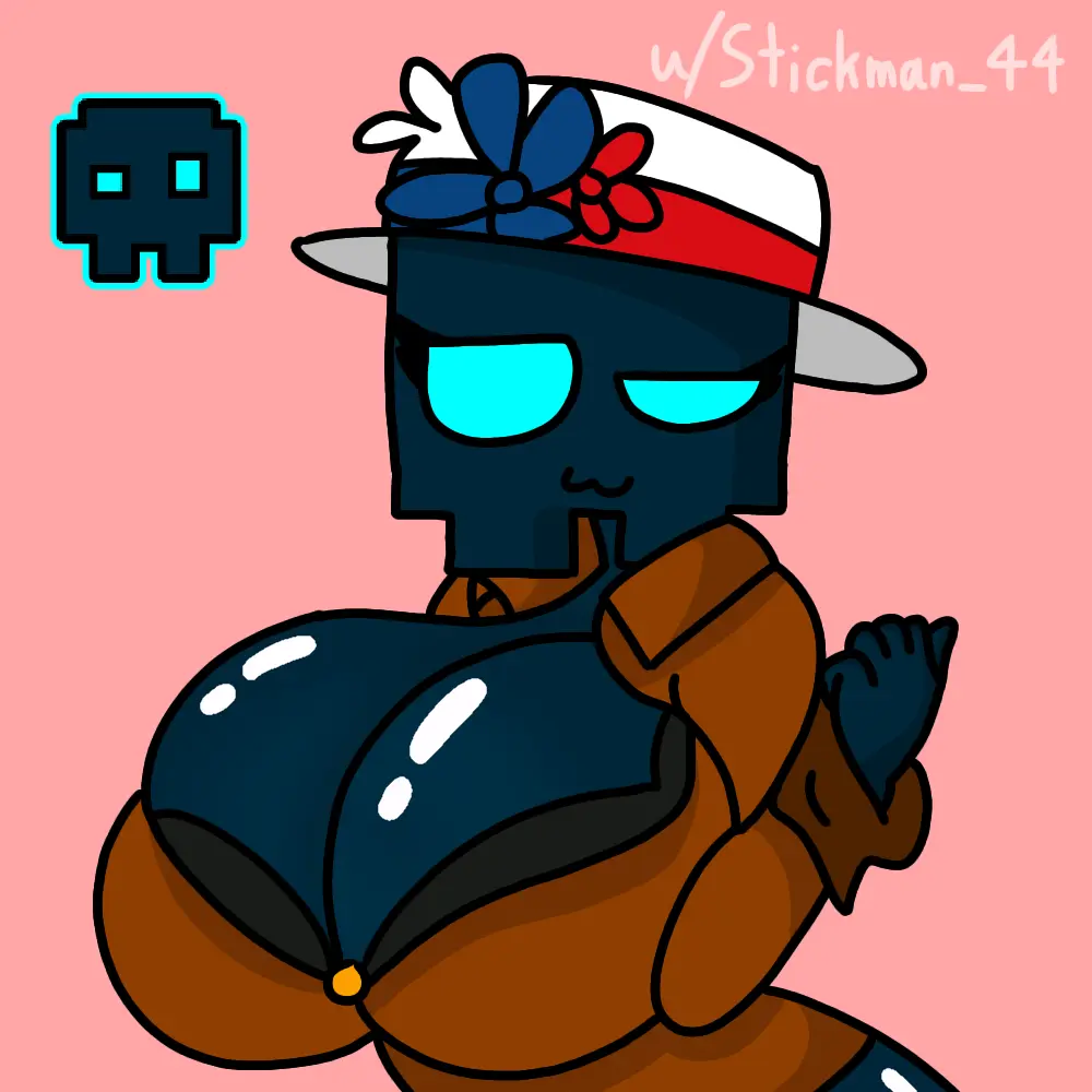 Image female,female_only,blue_eyes,hat,eyelashes,brown_shirt,rule_63,blue_skin,pink_background,black_bra,geometry_dash,cube_11_(geometry_dash),czech_republic,stickdash44,stickie_(stickdash44),stickman44