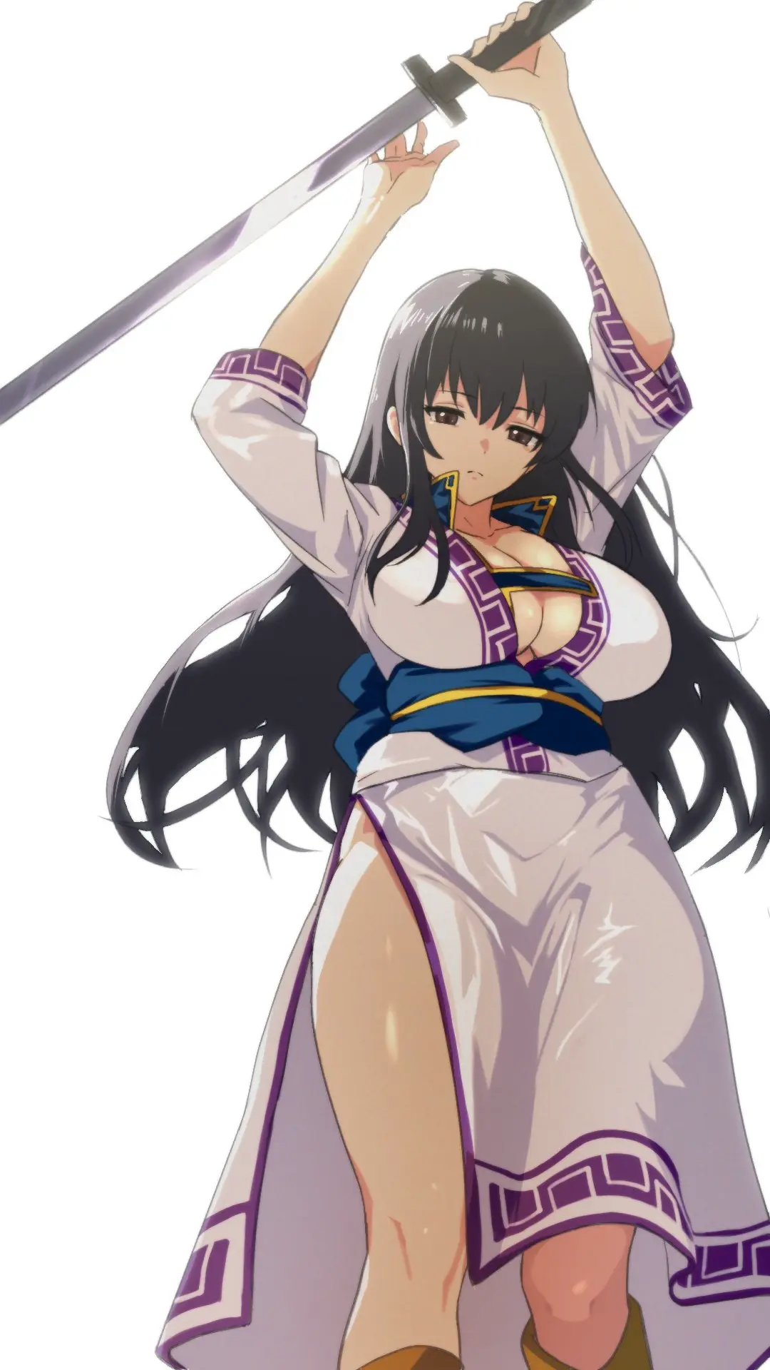 Image 1girls,breasts,brown_eyes,female,female_only,highres,long_hair,looking_at_viewer,simple_background,solo,white_background,black_hair,thick_thighs,cleavage,collarbone,huge_breasts,nintendo,expressionless,grey_eyes,no_panties,feet_out_of_frame,holding,fire_emblem,holding_weapon,weapon,sword,sash,fire_emblem:_the_blazing_blade,incoming_attack,ahonoko,karla_(fire_emblem)