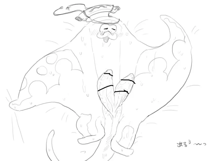 Image blush,hi_res,solo,male,penis,sweat,lying,on_back,erection,male_only,anthro,bed,nintendo,bodily_fluids,genitals,:3,fish,marine,splatoon,male_focus,furniture,animal_genitalia,animal_penis,multi_genitalia,2_penises,diphallia,diphallism,hemipenes,multi_penis,cloacal_penis,big_man_(splatoon),flat_body,manta_ray,ray_(fish),saba_subdup,stingray