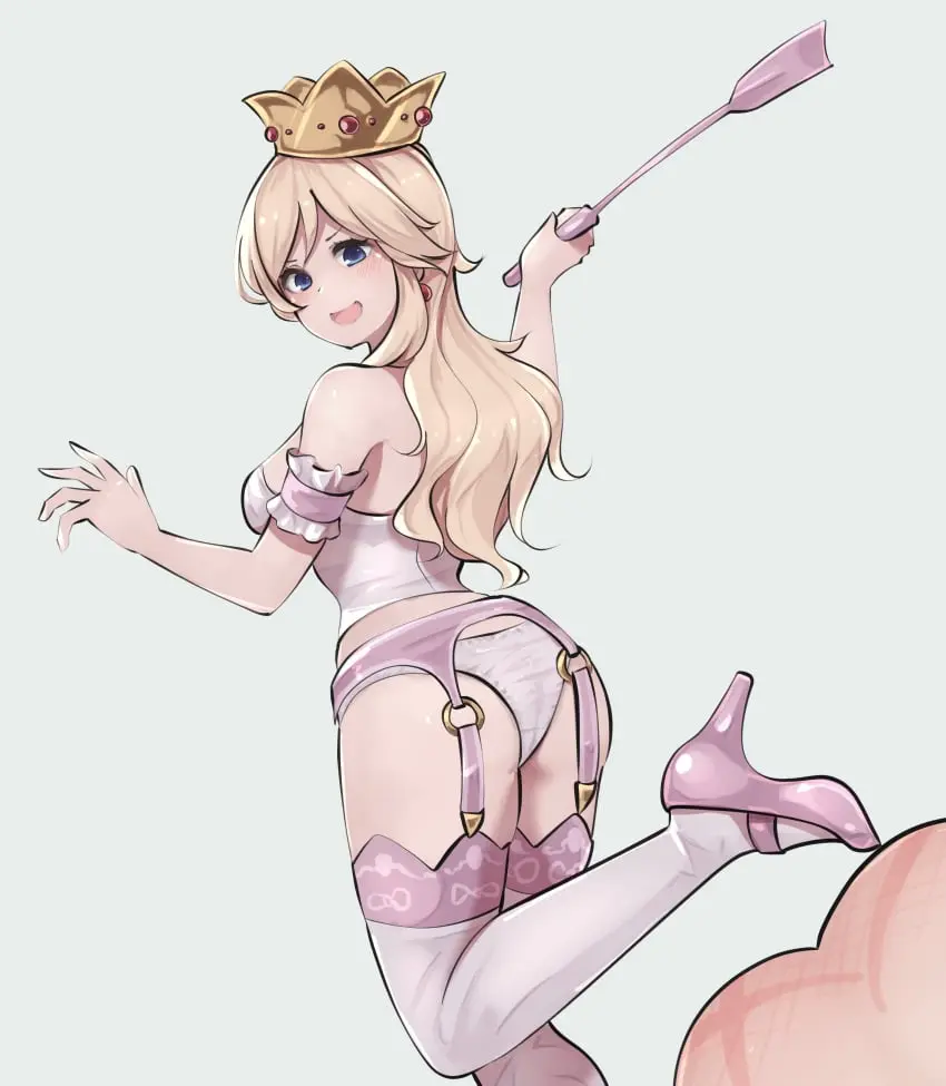 Image breasts,female,highres,long_hair,looking_at_viewer,simple_background,smile,standing,white_background,1boy,absurdres,blue_eyes,male,straight,thighhighs,panties,underwear,ass,earrings,looking_back,bare_shoulders,jewelry,blonde_hair,medium_breasts,mario_(series),high_heels,white_panties,:d,bondage,princess_peach,o-ring,garter_belt,femdom,crown,pink_footwear,white_thighhighs,standing_on_one_leg,whip,frills,sadism,whip_marks,whipping,bustier,kikiu_bd,white_bustier