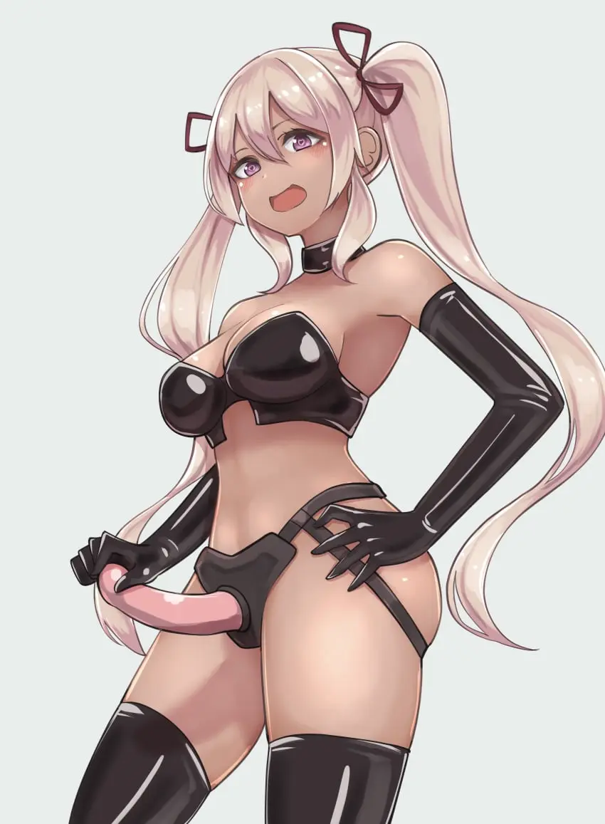 Image breasts,female,highres,looking_at_viewer,simple_background,smile,solo,white_background,absurdres,black_gloves,elbow_gloves,gloves,heart-shaped_pupils,symbol-shaped_pupils,thighhighs,dark_skin,bare_shoulders,pink_hair,blonde_hair,medium_breasts,hair_ribbon,purple_eyes,dark-skinned_female,hand_on_own_hip,hair_between_eyes,twintails,collar,sex_toy,strap-on,latex,ribbon,stomach,dildo,heart,:d,latex_gloves,black_thighhighs,red_ribbon,latex_thighhighs,black_collar,bustier,kikiu_bd,kaminaki_sekai_no_kamisama_katsudou,black_bustier,dakini_(kamikatsu),no_navel