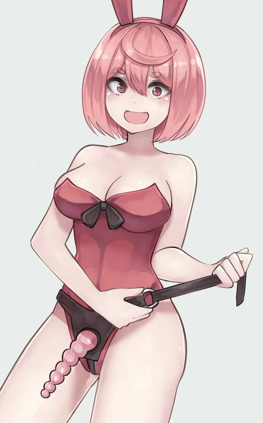 Image bow,breasts,female,highres,looking_at_viewer,simple_background,smile,solo,white_background,absurdres,animal_ears,short_hair,bare_shoulders,pink_hair,medium_breasts,pink_eyes,rabbit_ears,hair_between_eyes,sex_toy,strap-on,dildo,:d,leotard,fake_animal_ears,strapless,strapless_leotard,o-ring,anal_beads,short_eyebrows,black_bow,red_leotard,kikiu_bd,alural_(kamikatsu),kaminaki_sekai_no_kamisama_katsudou