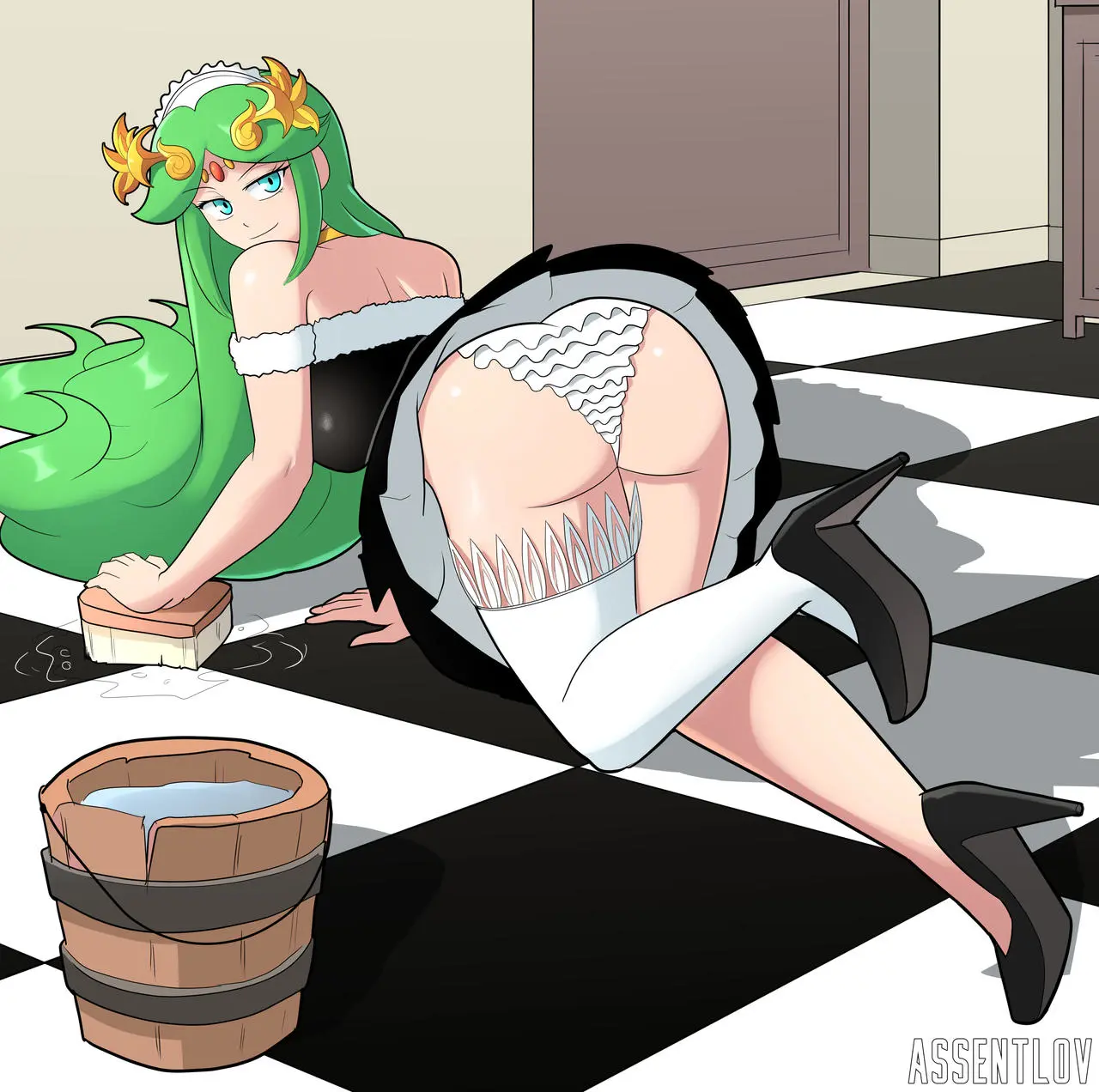 Image 1girls,breasts,female,female_only,solo,ass,sideboob,tagme,nintendo,green_hair,maid,maid_uniform,alternate_costume,maid_headdress,kid_icarus,palutena,assentlov