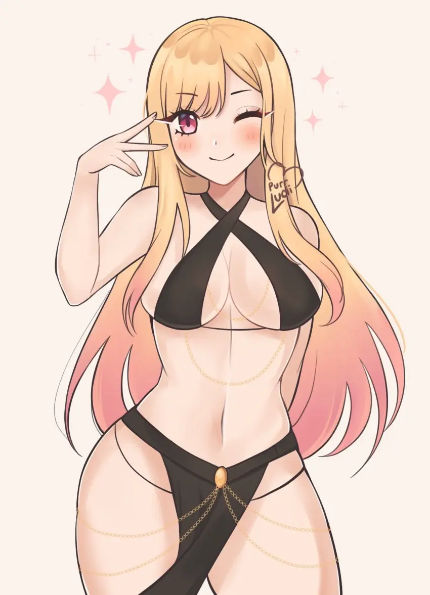 Image 1girls,blush,breasts,female,female_only,light-skinned_female,light_skin,red_eyes,smile,solo,navel,smiling,smiling_at_viewer,artist_name,belly_button,cleavage,gold_(metal),round_breasts,sole_female,solo_female,tagme,blonde_hair,one_eye_closed,wink,winking_at_viewer,cleavage_cutout,busty,curvy,curvy_body,curvy_female,curvy_figure,artist_signature,revealing_clothes,curvaceous,skimpy_clothes,artist_logo,belly_dancer,belly_dancer_outfit,blushing,yomorio_lingerie,sparkles,curvaceous_body,curvaceous_female,curvaceous_figure,barely_clothed,black_lingerie,winking,gold_chain,kitagawa_marin,sono_bisque_doll_wa_koi_wo_suru,purrlucii,gold_chains